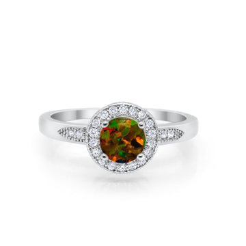Halo Art Deco Engagement Ring Round Lab Created Black Opal 925 Sterling Silver